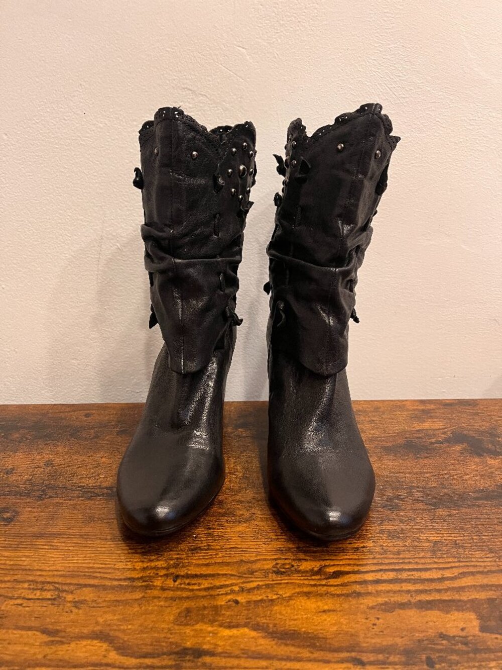 Kangnai Black Leather Eyelet Studded Ruched High Heel Boots